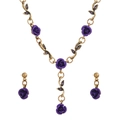 Parure bijoux vintage rose violette avec collier et boucles d'oreilles en bronze - Violet A-587