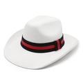White wool fedora hat with wide brim and decorative black and red woven band - M (56-58cm) / White