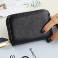 Compact black litchi pattern card holder with premium gold zipper for daily use - Black