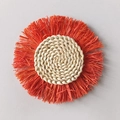 Bohemian round woven wall decor featuring beige spiral center and orange red tassels - Red Tassel Style (18cm)