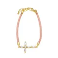 Detail of gold cross bracelet featuring marquise-cut zircons on pink braided mesh strap - B-Pink Mesh Chain Gold Cross