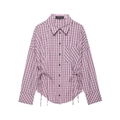 Women's pink plaid long sleeve shirt with adjustable drawstring waist on white background - XS / Pink Plaid