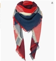 Thick cashmere-like plaid scarf in red, blue and beige tones with soft fringe edges - A197 Red Blue Beige Grey Plaid