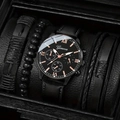 Men's business watch set with black leather strap, quartz watch and four woven bracelets - Black Leather Watch Set