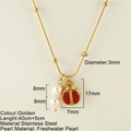 Golden stainless steel necklace with fresh water pearl and red ladybug pendant details - Double Layer Pearl Ladybug (25249G)