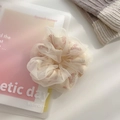 Oversized beige tulle hair scrunchie with delicate pink floral pattern for high ponytail - Large / Beige