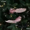 Coppia di uccellini decorativi rosa glitterati con piume per albero di Natale - Piccolo / 2 pz / Rosa
