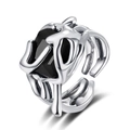 Vintage multilayer silver ring with black rectangular gemstone and fluid molten metal design - Adjustable Open / Antique Silver