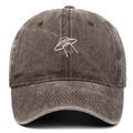 Detail of UFO embroidery on vintage washed brown cotton baseball cap with retro finish - Coffee