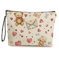 Cream canvas pouch with teddy bear and heart print featuring a black zipper wristlet - Cute Teddy Bear Style