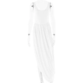 Detail view of the white sleeveless U-neck maxi dress with elegant draped pleated hem - L / White