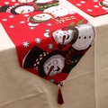 Red Christmas table runner with jacquard snowmen, snowflakes and festive red tassels - Model F-Red Jacquard Snowman Snowflake