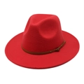 Classic red wide brim fedora hat with brown leather band and gold buckle detail - M (56-58cm) / Red