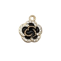 Golden camellia flower charm pendant with black enamel and sparkling rhinestones - Black Rhinestone Camellia Rose (16543)