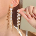 Long pearl tassel earrings with golden chains and elegant dangling beads for women - Light Gold Long Pearl String Earrings (M-086)