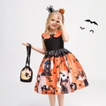 Detail of Halloween pumpkin dress with witch prints, headband and matching gift bag - 130cm / WS018-Black (With Bag)