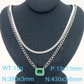 Collana doppia a serpente in argento con ciondolo verde taglio smeraldo - Ciondolo in Pietra Preziosa Verde Acciaio (KN287602-GC)
