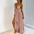 Pink sexy deep V-neck sequined evening gown with high slit mesh skirt and open back - XS / Gold