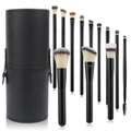 Set di 12 pennelli da trucco neri con custodia cilindrica in pelle sintetica nera - Set da 12 Pezzi Tutto Nero in Tubo