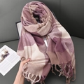 Écharpe épaisse en faux cachemire à carreaux rose, violet, beige avec franges - 67-180CM / Riz Violet