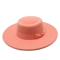 Detail view of pink wool fedora hat with flat brim and decorative silk ribbon bow - M (56-58cm) / Dusky Pink