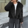 Women's casual solid black faux fur short coat with long sleeves and open front - S / Black