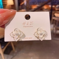 White flower stud earrings with gold trim and silver posts in a minimalist Korean style - Camellia Silver Earring Post Studs / Gold