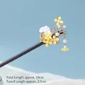 Vintage wooden hair pin with white rabbit, yellow flower, and elegant pearl tassel detail - Osmanthus Fragrance - Style G