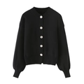 Women's black knit cardigan with round neck and silver textured metal buttons - S / Cardigans / Black