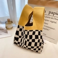Knitted tote bag with yellow handle and black and white checkerboard pattern finish - Irregular Chessboard With Yellow And Black Squares