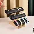 3-tier solid wood jewelry display stand with black leather bars for bracelets and hair ties - 3-Tier Solid Wood Bracelet Stand-Black PU