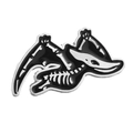Detailed view of pterosaur skeleton enamel pin with black drip oil on silver metal base - Pterodactyl Skeleton