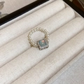 Beaded pearl ring with square faux opal stone and crystals on beige velvet box - Style 52 Blue (Pearl Beaded Opal Look)
