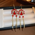 Chinese red opera style tassel earrings with gold plating and delicate pearls - Chinese Opera Phoenix Crown Red Tassel Earrings