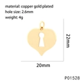 Disegno tecnico del ciondolo a cuore in rame placcato oro 22mm con le dimensioni - P01528 Cuore con Serratura