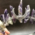 Macro detail of raw amethyst crystal headband with silver wire and moon charm - Purple Standing Style - Flat Moon