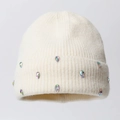 Close-up of ribbed knit beanie with sparkling crystal rhinestones on creamy white wool - White (Teardrop Rhinestone)