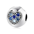 S925 sterling silver charm bead with blue heart-shaped stones and beaded border detail - 925 Sterling Silver / Blue Heart Bead