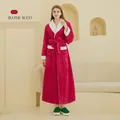 Thick rose red jacquard plush bathrobe for women with white contrast trim and waist belt - M / Rose Red