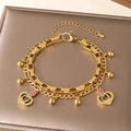 Gold double-layer Mom heart bracelet with pink rose charms and lobster clasp - Pink Rose Mom Heart Style (KB203666-Z)