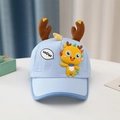 Detailed close-up of light blue baby baseball cap with 3D cartoon dragon and plush antlers - Blue Antler Elf