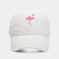 Close-up of pink flamingo embroidery detail on a white soft cotton baseball cap - Adjustable / White