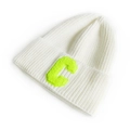 White ribbed knit beanie hat featuring a vibrant neon green letter C towel embroidery - White