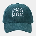 Detailed view of DOG MOM embroidery on dark teal corduroy texture baseball cap - Malachite green