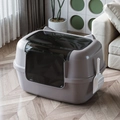 Modern grey semi-enclosed cat litter box with transparent door and hanging scoop - Cat Ear Fully Enclosed Large / Gray