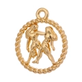 Detail of a vintage golden Gemini zodiac pendant with embossed figures and twisted border - Style 7 / Antique Gold