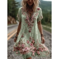 Boho style light green V-neck dress with 3D floral embroidery and lace details - S / Light Green Lace Embroidery (SJWJL-VDQ-06)