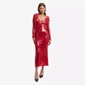 Elegant red long sleeve sequin dress with deep V-neck and abstract silver patterns - S / Red