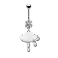 Close-up of silver navel ring featuring a white cloud pendant and silver raindrops - #5 White Cloud Raindrop
