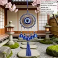 Turkish Evil Eye wind chime hanging ornament with blue bells and decorative tassel - Center Big Evil Eye Style (1055-Big Eye)